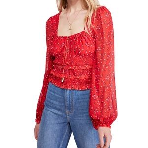 Free People Red Keyhole Floral Pouf Square Neck Blouse — perfect condition — XS